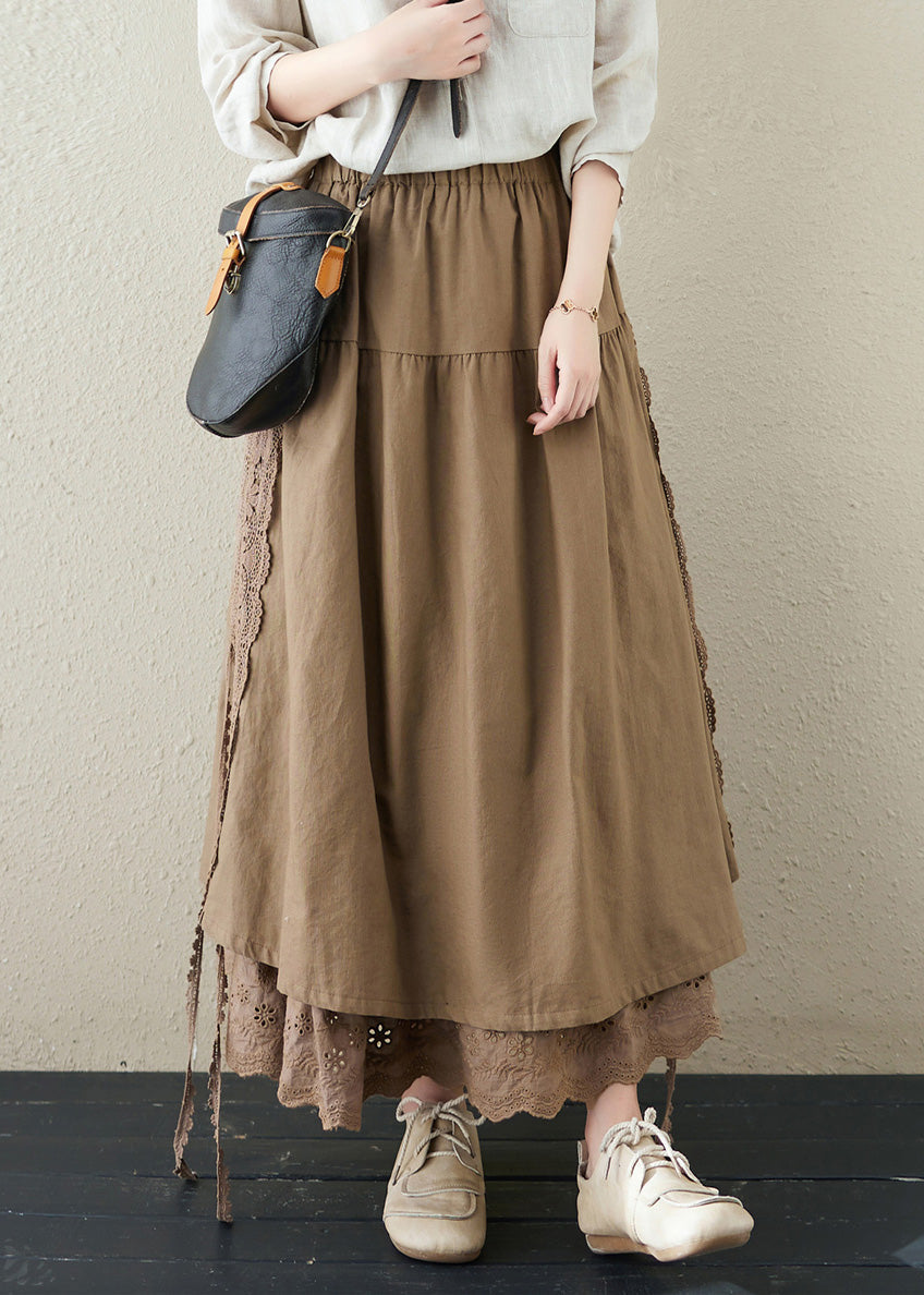 Brief Khaki Embroideried Patchwork Elastic Waist Linen a Line Skirt Summer