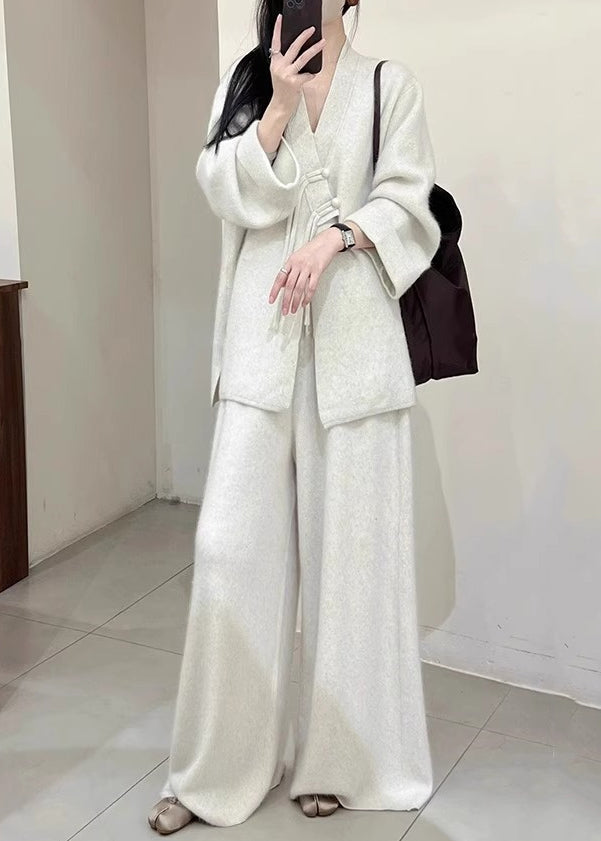 Brief Light Grey V Neck Button Knit Coats and Pants Two Piece Set Spring