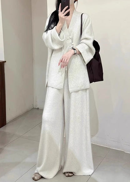 Brief Light Grey V Neck Button Knit Coats and Pants Two Piece Set Spring