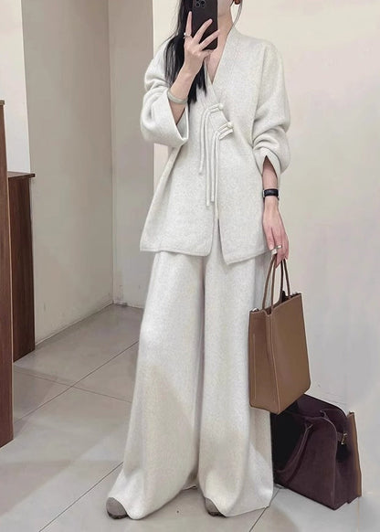 Brief Light Grey V Neck Button Knit Coats and Pants Two Piece Set Spring