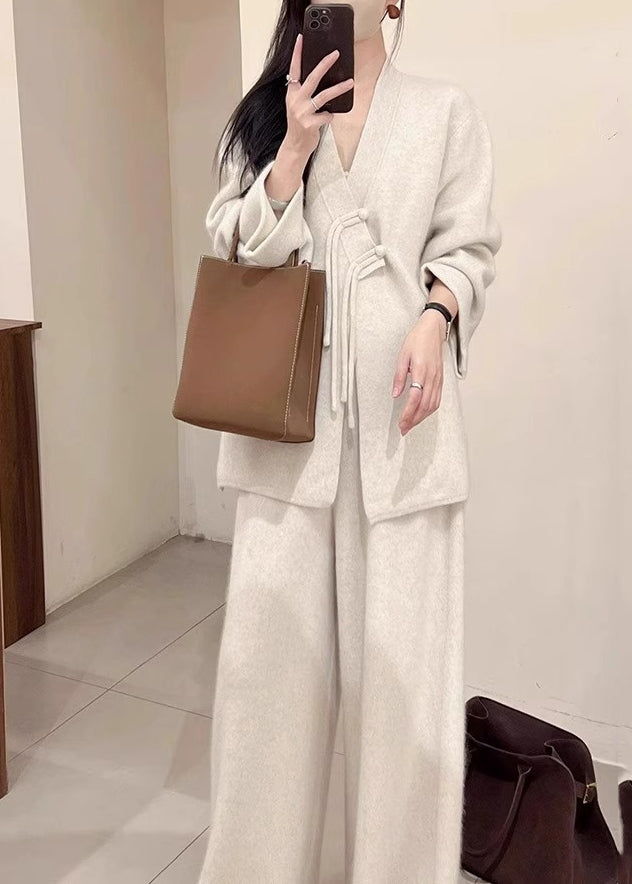 Brief Light Grey V Neck Button Knit Coats and Pants Two Piece Set Spring