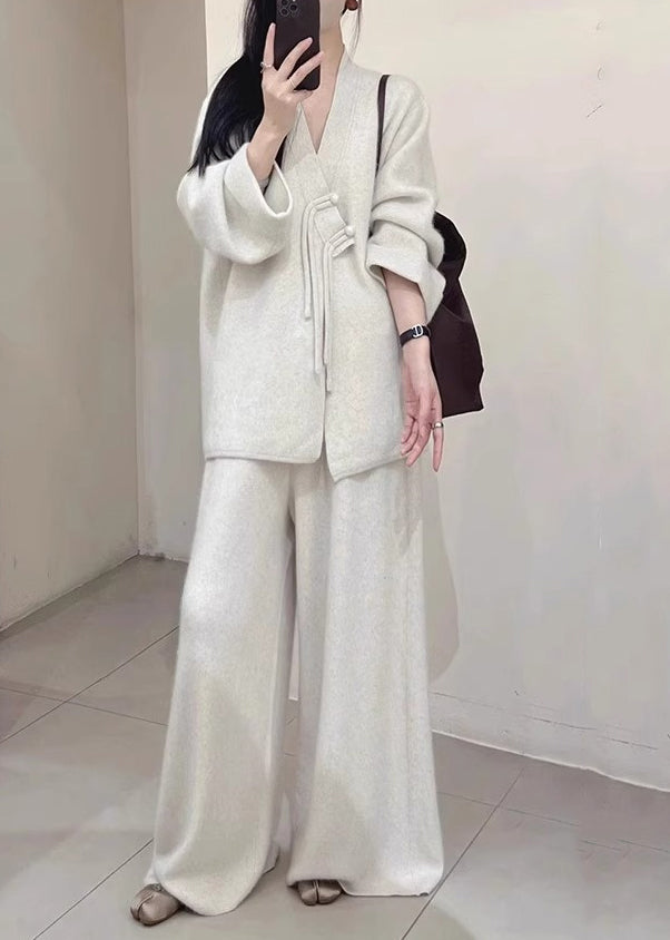 Brief Light Grey V Neck Button Knit Coats and Pants Two Piece Set Spring