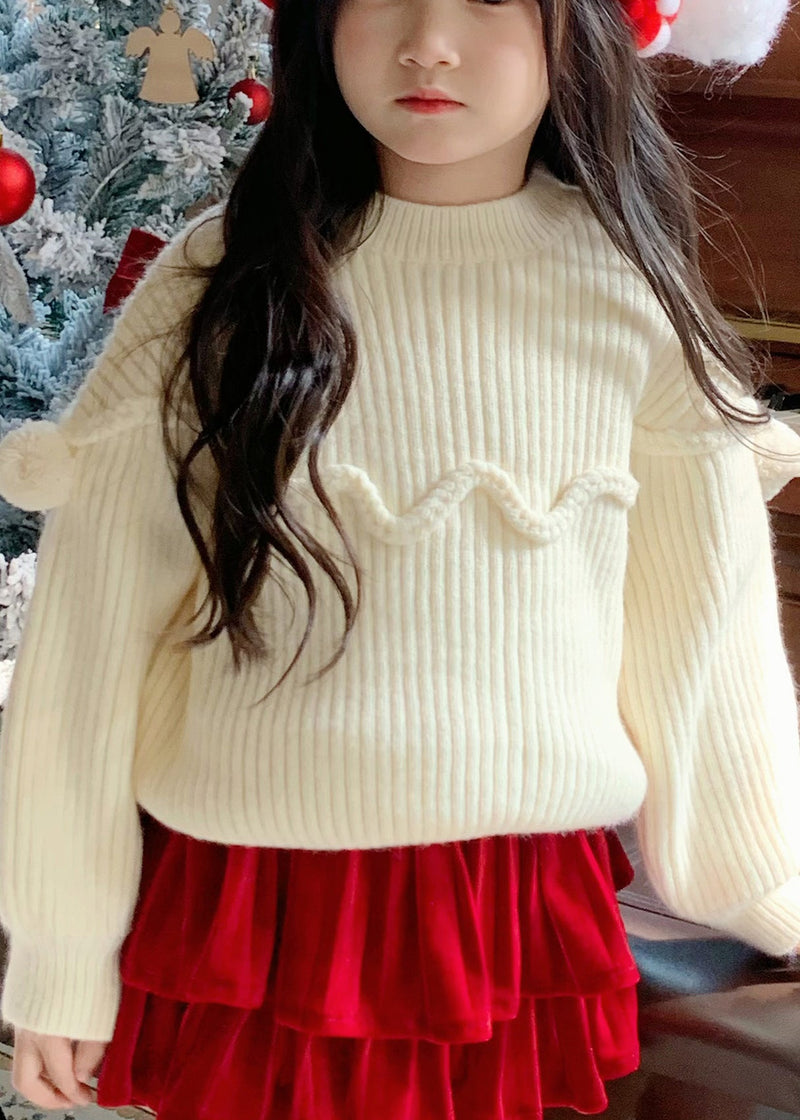 Brief Mulberry O-neck Patchwork Fuzzy Ball Decorated Cotton Knit Kids Sweater Tops Spring