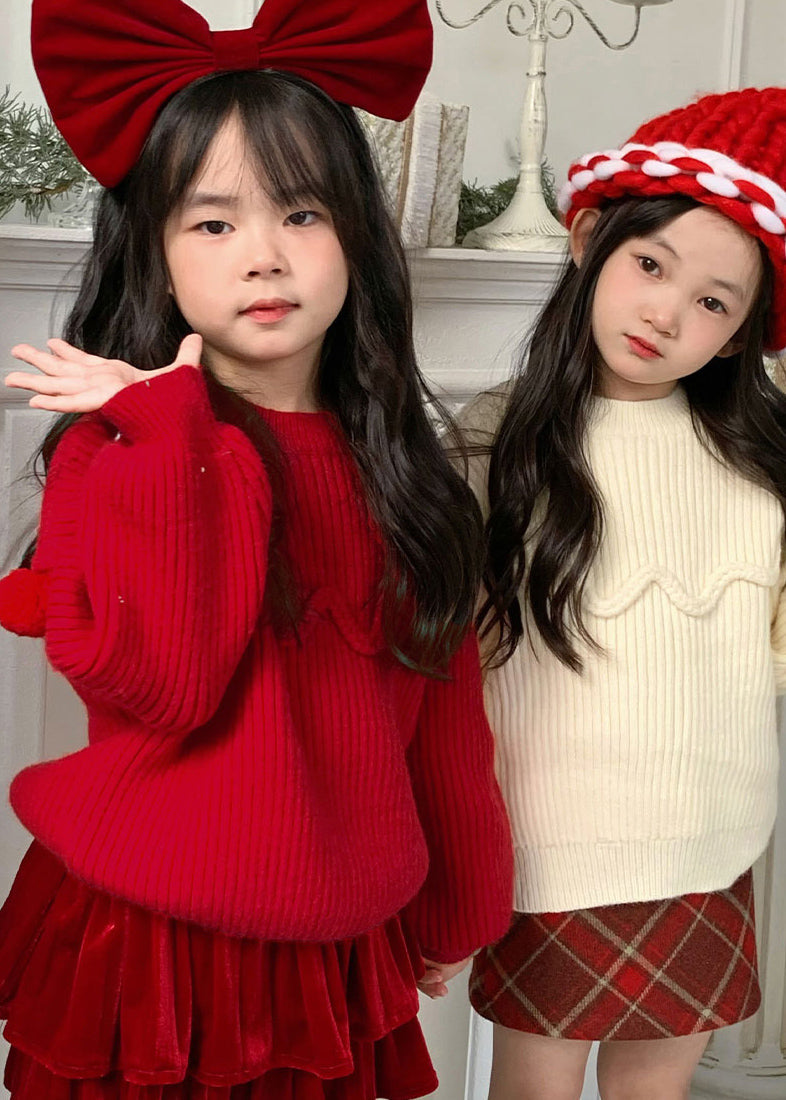 Brief Mulberry O-neck Patchwork Fuzzy Ball Decorated Cotton Knit Kids Sweater Tops Spring