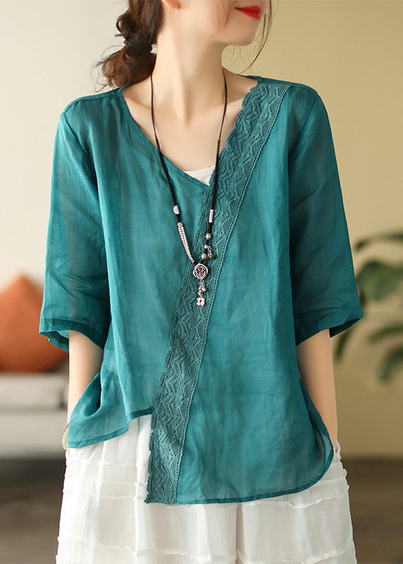Brief Mulberry V Neck Embroideried Lace Patchwork Linen Top Short Sleeve