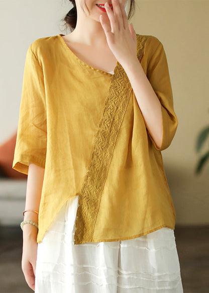 Brief Mulberry V Neck Embroideried Lace Patchwork Linen Top Short Sleeve