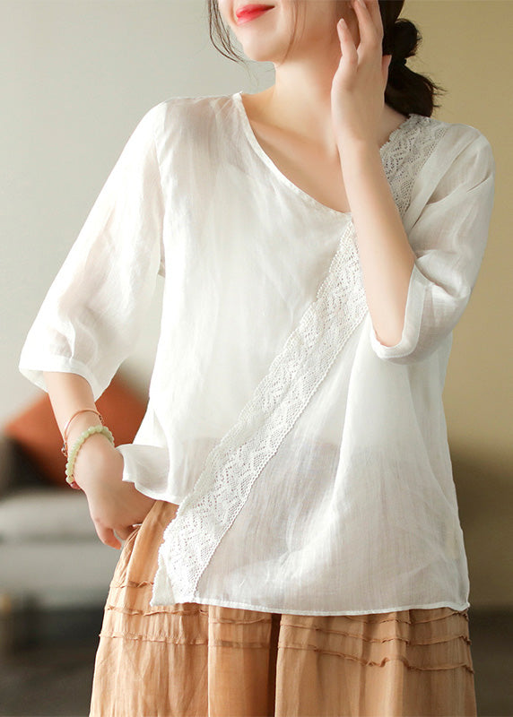 Brief Mulberry V Neck Embroideried Lace Patchwork Linen Top Short Sleeve