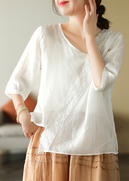 Brief Mulberry V Neck Embroideried Lace Patchwork Linen Top Short Sleeve