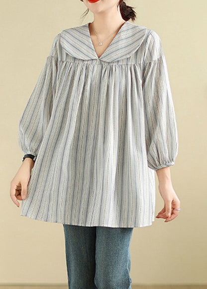 Brief Peter Pan Collar Striped Patchwork Top Long Sleeve
