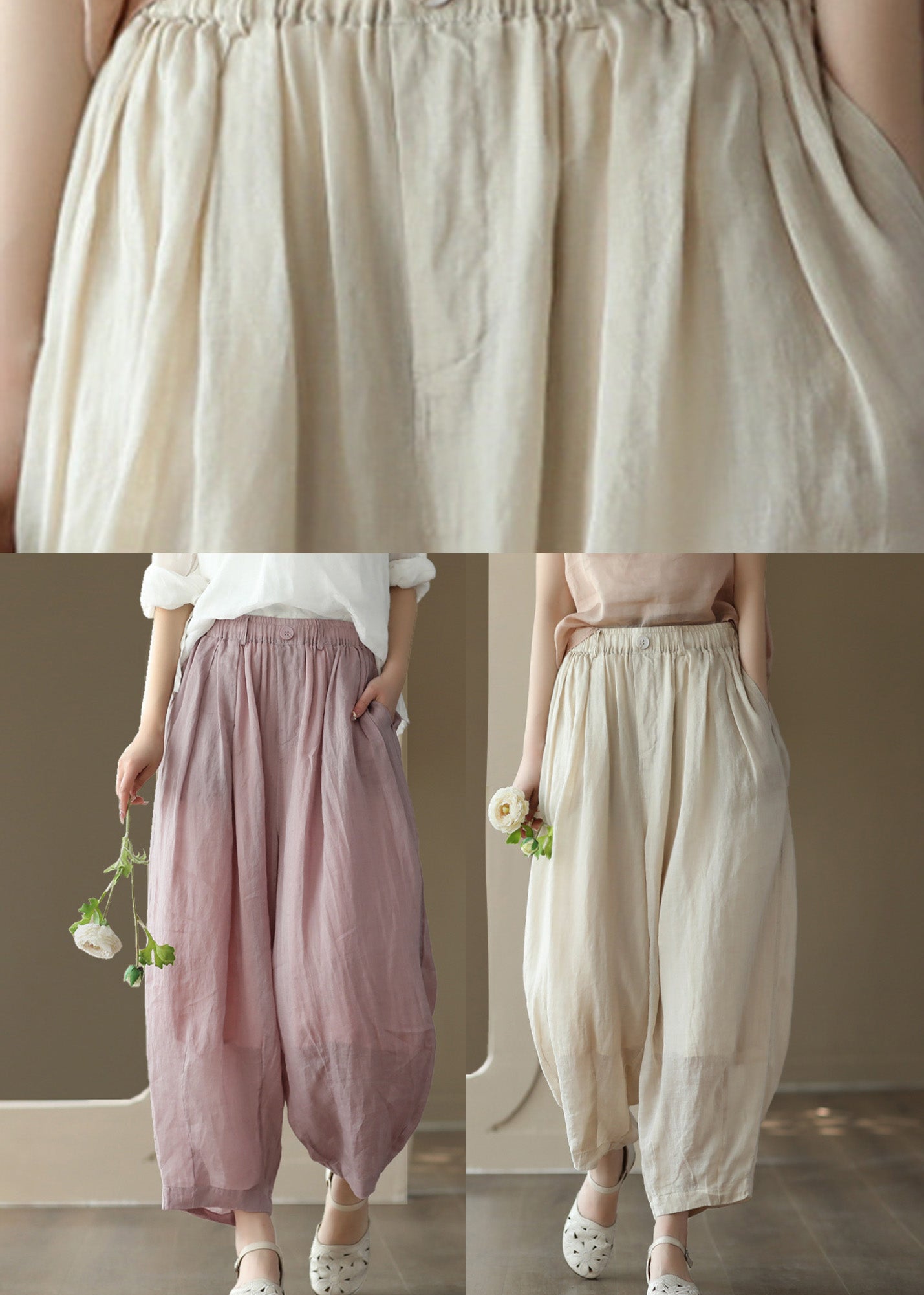 Brief Pink Elastic Waist Wide Ramie Leg Pants Summer