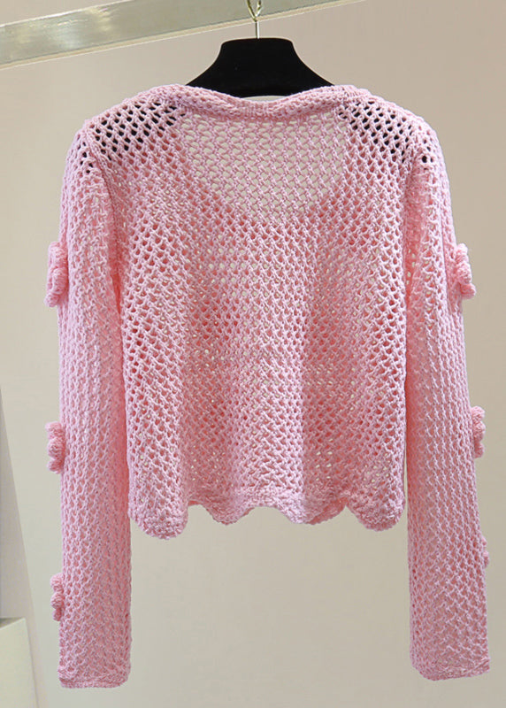 Brief Pink Hollow Out Cotton Knit Sweaters Spring
