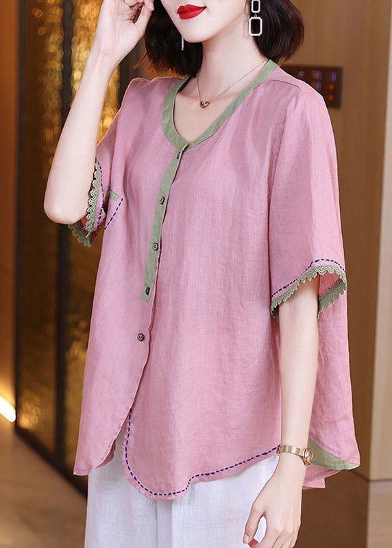 Brief Pink O-neck Patchwork Button Linen Shirts Short Sleeve
