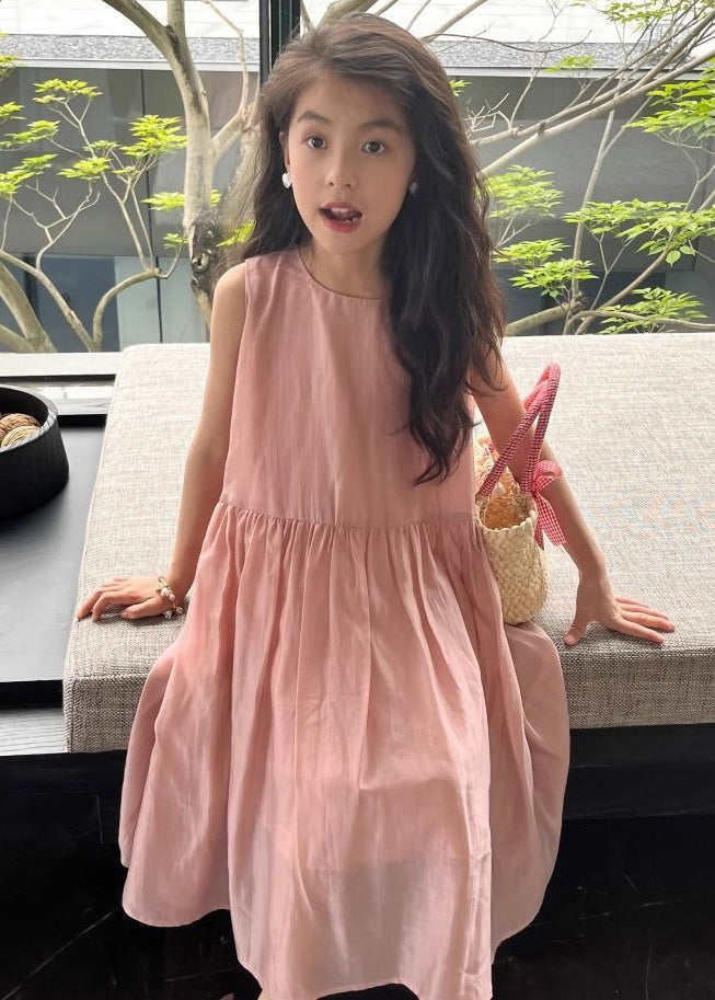 Brief Pink O-neck Patchwork Silk Kids Maxi Dresses Summer