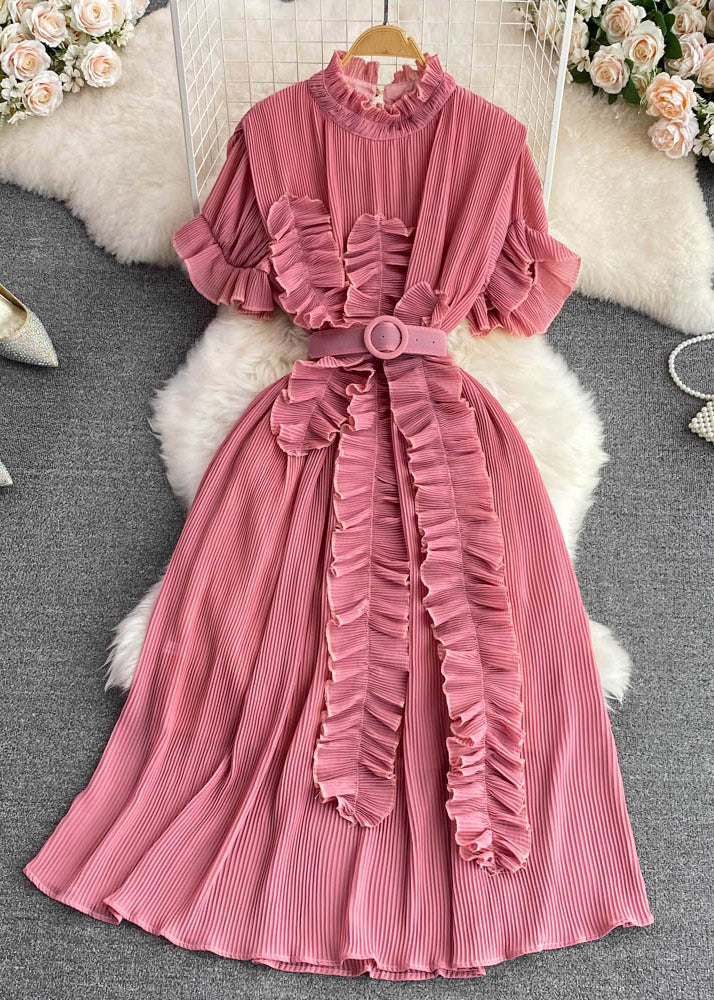 Brief Pink Stand Collar a Line Long Dress Flare Sleeve