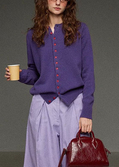 Brief Purple O-neck Button Knit Cardigans Fall