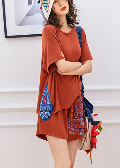 Brief Red Embroideried Knit Top and Shorts Two Pieces Set Summer