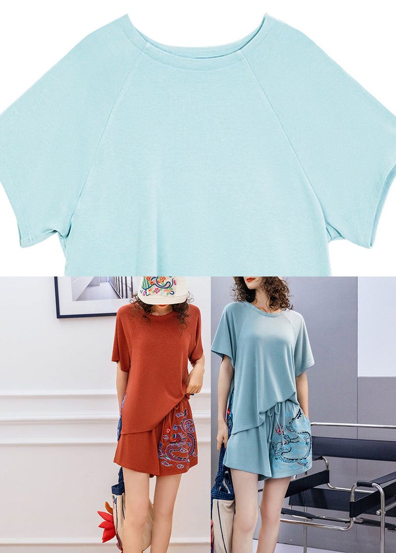 Brief Red Embroideried Knit Top and Shorts Two Pieces Set Summer