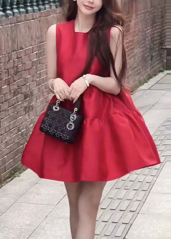 Brief Red Patchwork O-neck Mid Dresses Summer