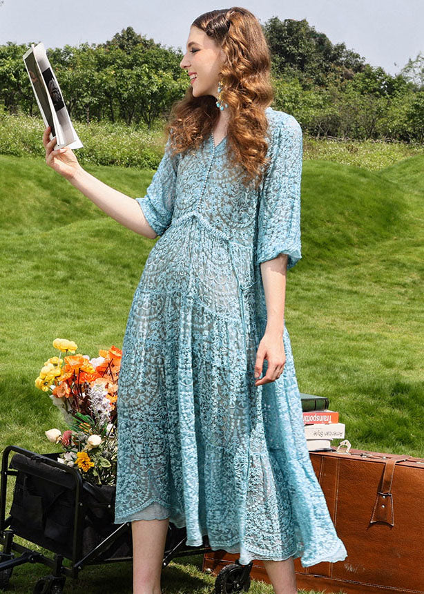 Brief Sky Blue Embroidered Hollow Out Silk Long Dresses Half Sleeve