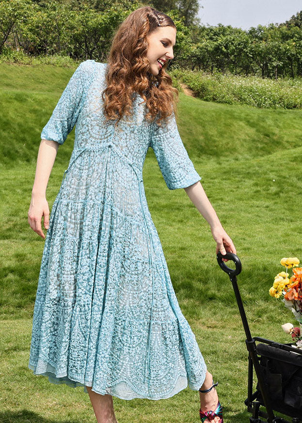 Brief Sky Blue Embroidered Hollow Out Silk Long Dresses Half Sleeve