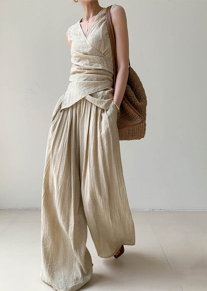Brief V Neck Silk Linen Top and Wide Leg Pants Two Pieces Set Sleeveless