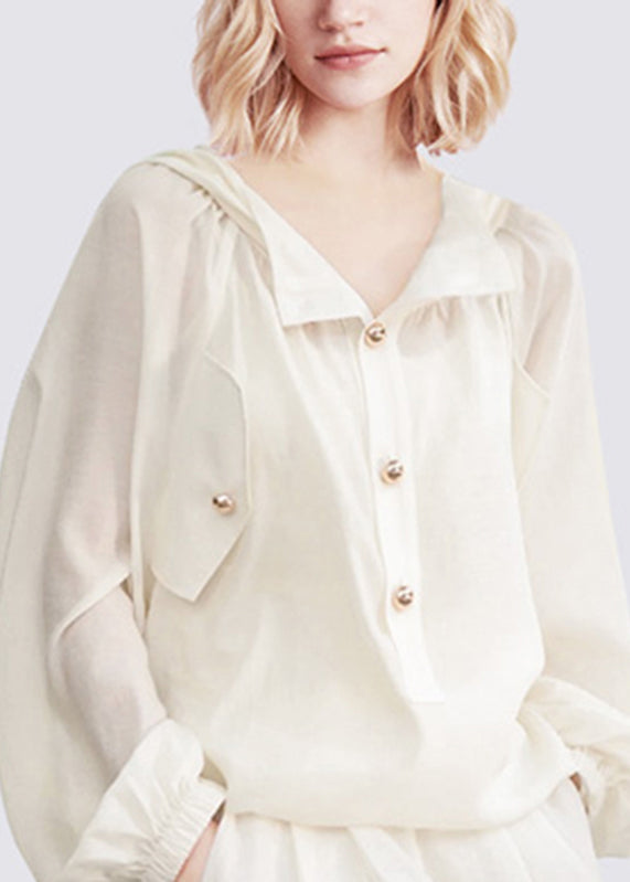 Brief White Button Hooded Shirts Vest and Shorts Three-piece Set Lantern Sleeve