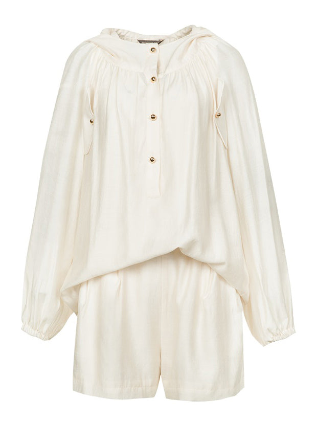 Brief White Button Hooded Shirts Vest and Shorts Three-piece Set Lantern Sleeve
