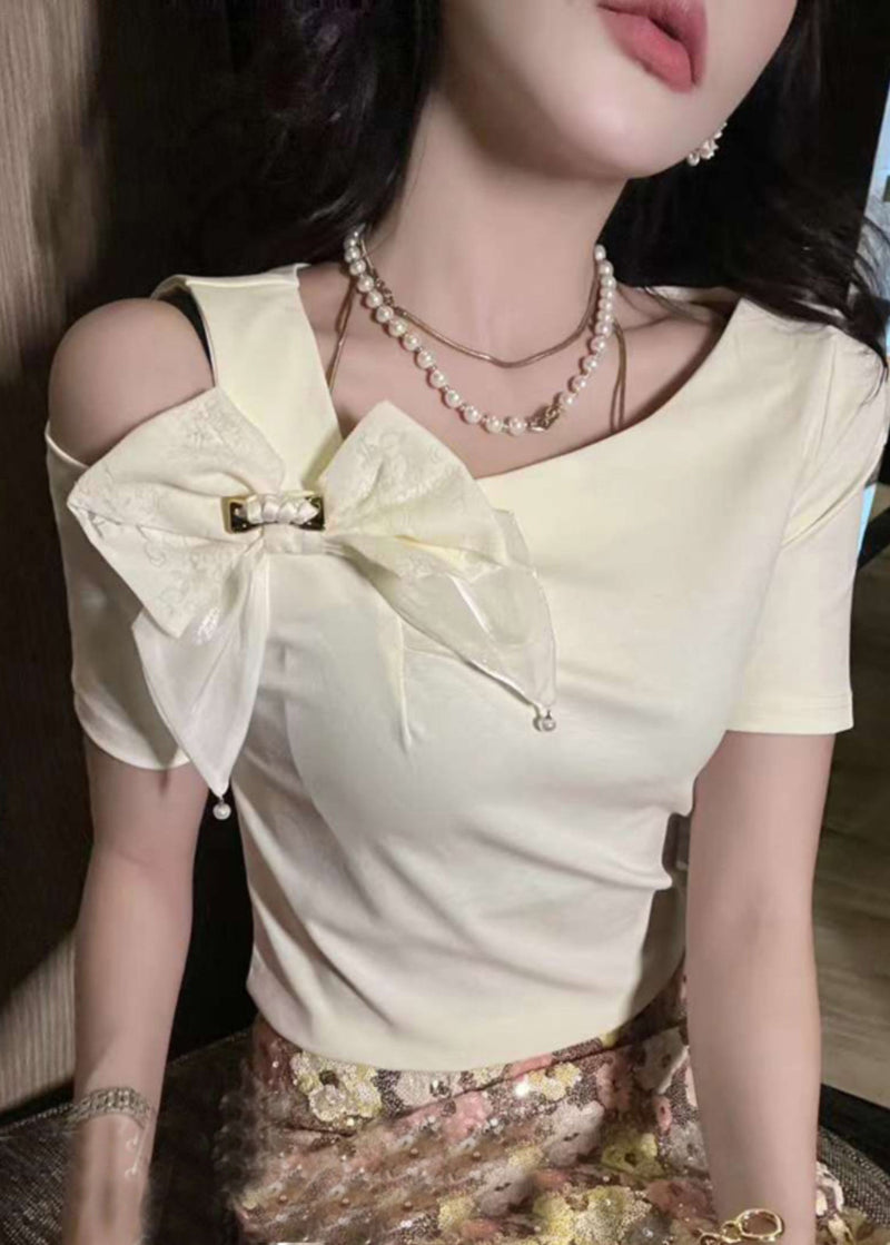Brief White O-neck Asymmetrical Bow Shirts Summer