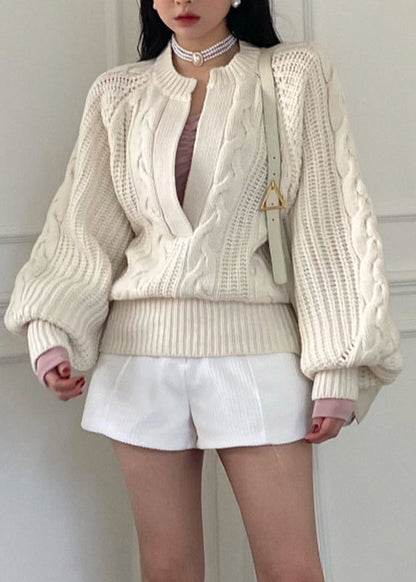 Brief White O-neck Cozy Cable Knit Sweaters Long Sleeve