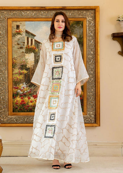 Brief White O-neck Embroideried Tulle Maxi Dress Long Sleeve