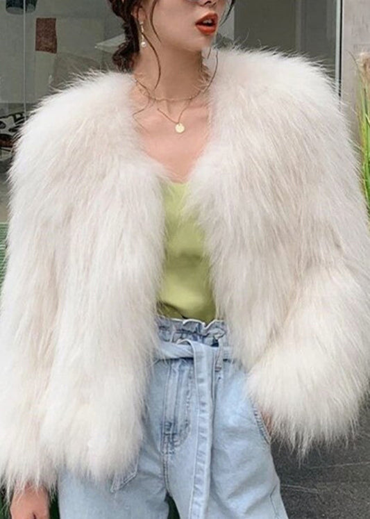 Brief White O-neck Leather and Furr Coats Long Sleeve