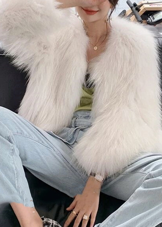 Brief White O-neck Leather and Furr Coats Long Sleeve