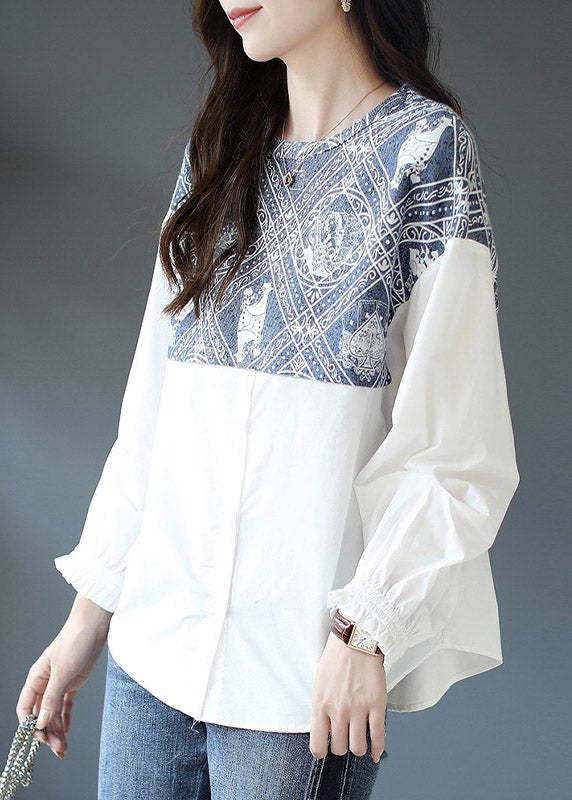Brief White O-neck Print Patchwork Button Shirt Long Sleeve