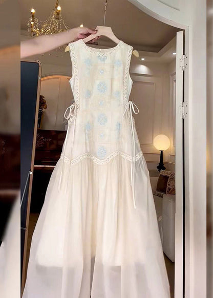 Brief White O-neck Print Tie Waist Maxi Dress Sleeveless