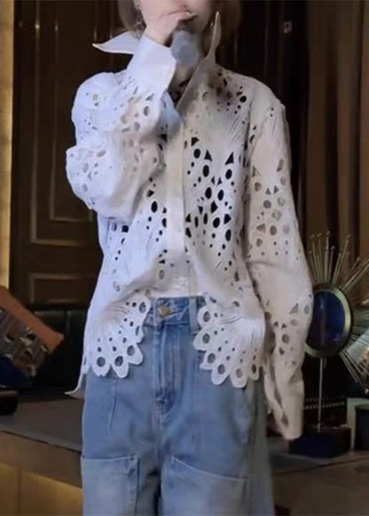 Brief White Peter Pan Collar Hollow Out Lace Shirt Spring