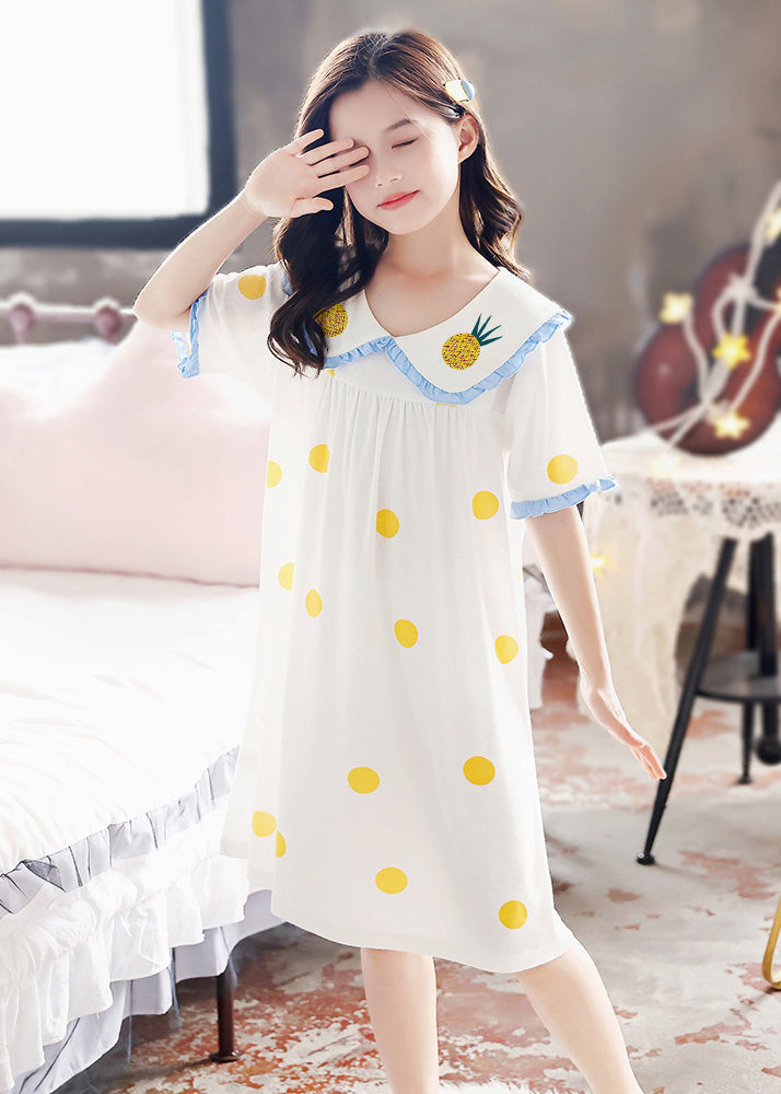 Brief White Peter Pan Collar Print Cozy Cotton Maxi Dresses Short Sleeve