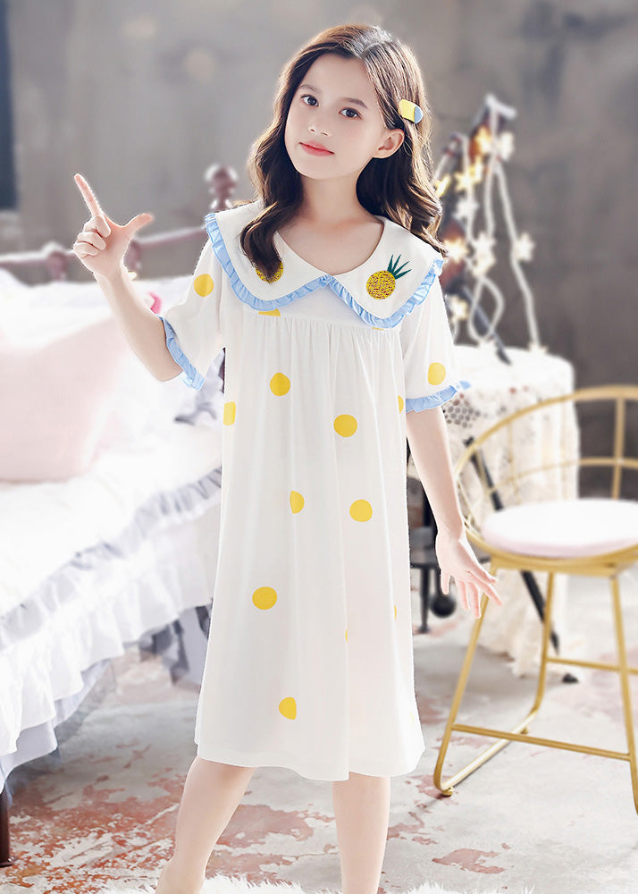 Brief White Peter Pan Collar Print Cozy Cotton Maxi Dresses Short Sleeve
