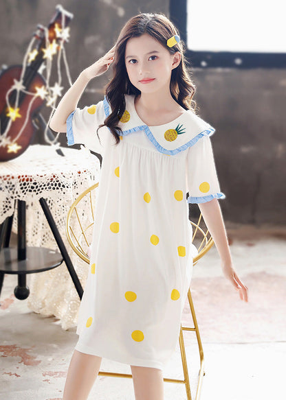 Brief White Peter Pan Collar Print Cozy Cotton Maxi Dresses Short Sleeve