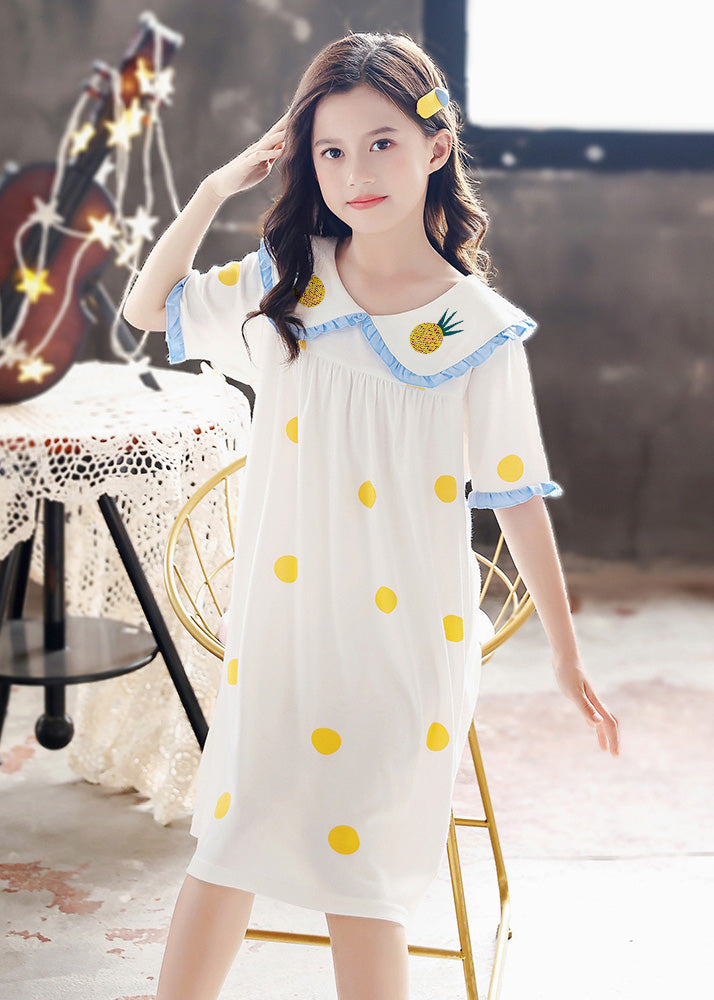 Brief White Peter Pan Collar Print Cozy Cotton Maxi Dresses Short Sleeve