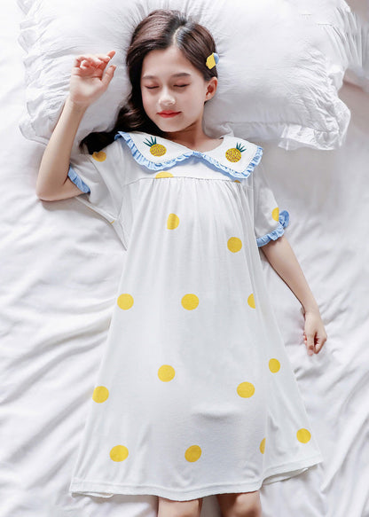 Brief White Peter Pan Collar Print Cozy Cotton Maxi Dresses Short Sleeve