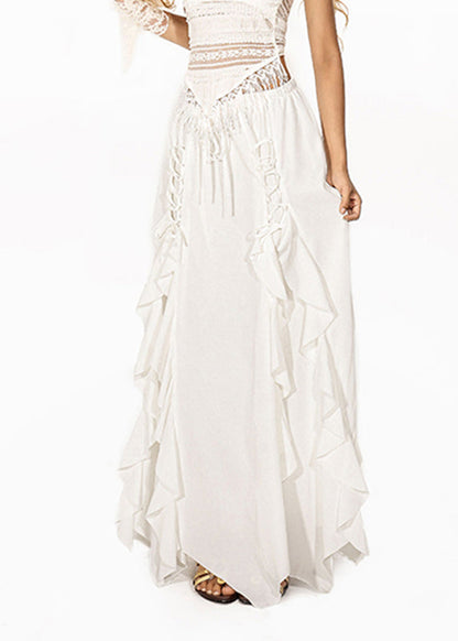 Brief White Ruffled Tie Waist Elastic Waist Maxi Skirt