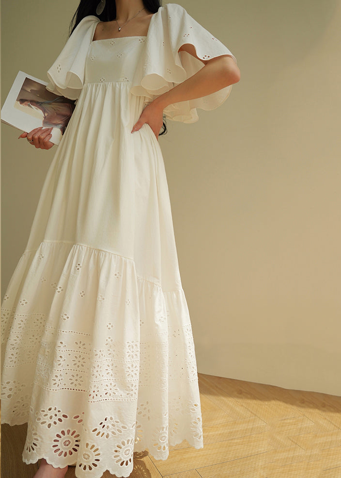 Brief White Square Collar Hollow Out Maxi Dresses Summer