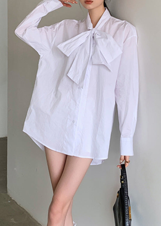 Brief White Stand Collar Bow Button Shirt Spring