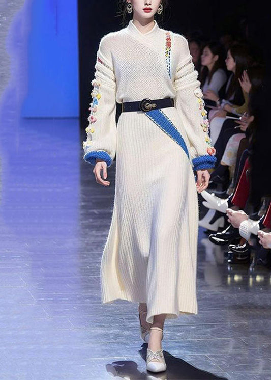 Brief White Stand Collar Tie Waist Cotton Knit Sweater Dress Long Sleeve
