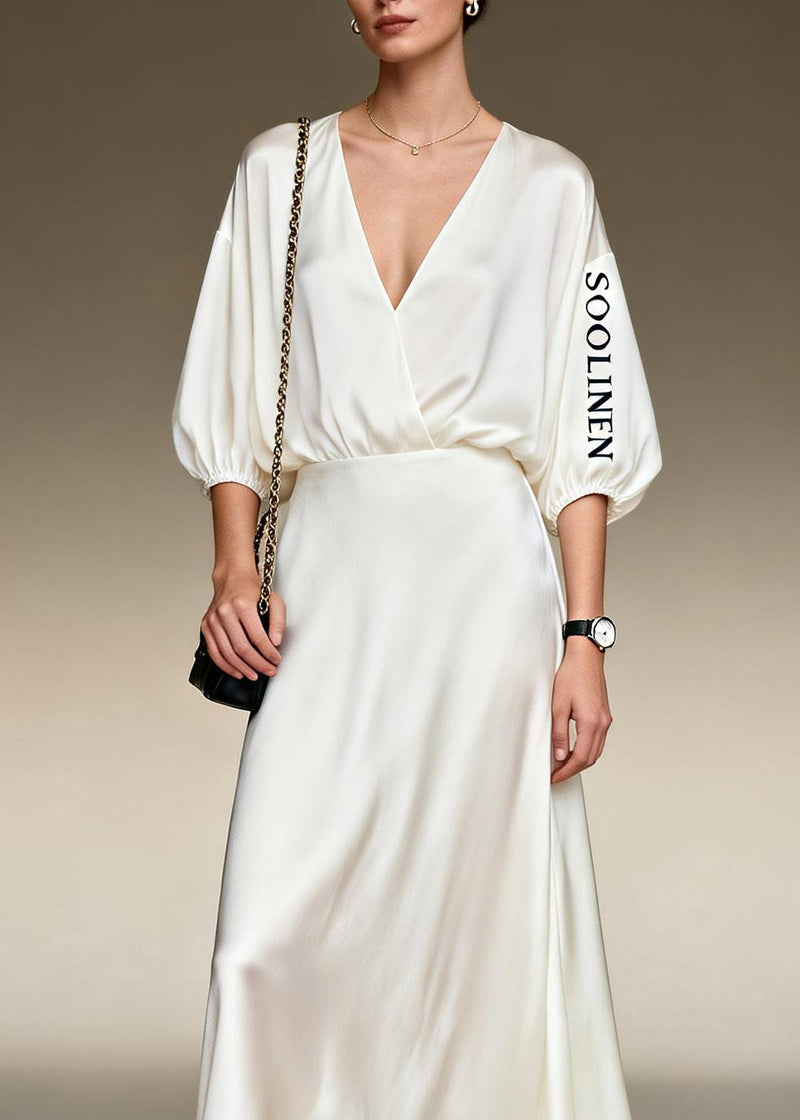 Brief White V Neck Patchwork Silk Maxi Dresses Summer