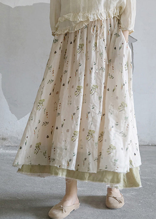Brief White Elastic Waist Drawstring Print Linen Skirts Spring