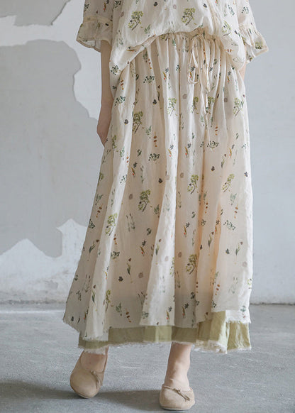 Brief White Elastic Waist Drawstring Print Linen Skirts Spring