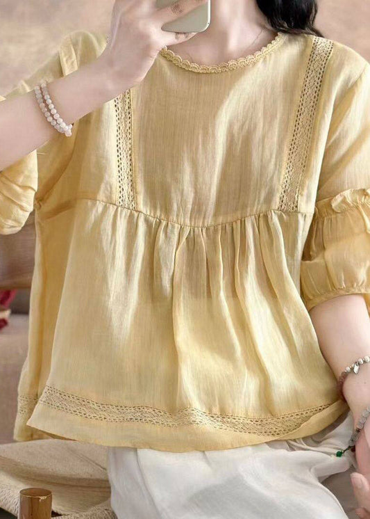 Brief Yellow O-neck Wrinkled Linen Top Half Sleeve