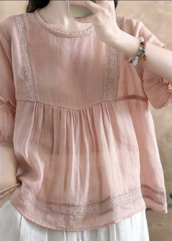 Brief Yellow O-neck Wrinkled Linen Top Half Sleeve