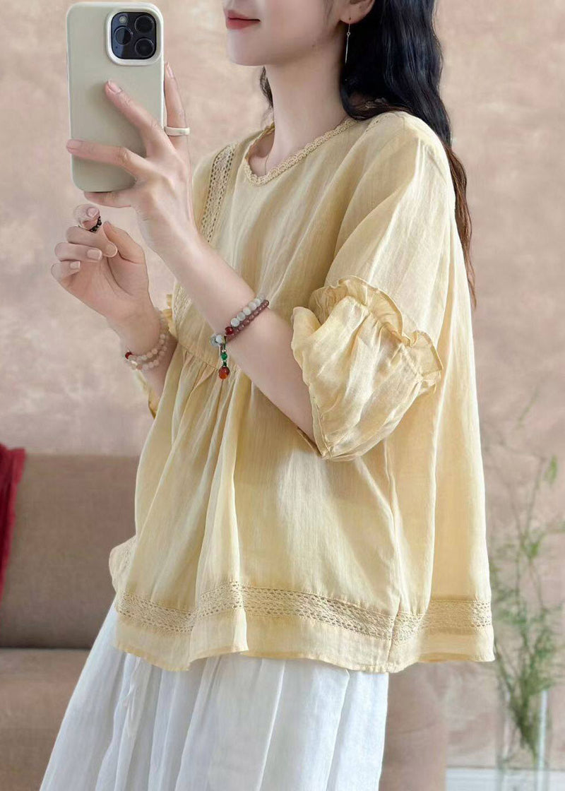 Brief Yellow O-neck Wrinkled Linen Top Half Sleeve